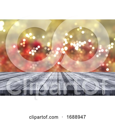 3D Christmas Background with Wooden Table Looking out to Bokeh Lights by KJ Pargeter