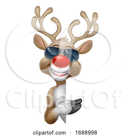 Christmas Reindeer Cartoon Deer in Sunglasses Sign by AtStockIllustration