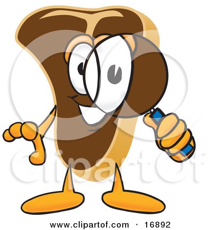 Clipart Picture of a Meat Beef Steak Mascot Cartoon Character Looking Through a Magnifying Glass by Mascot Junction