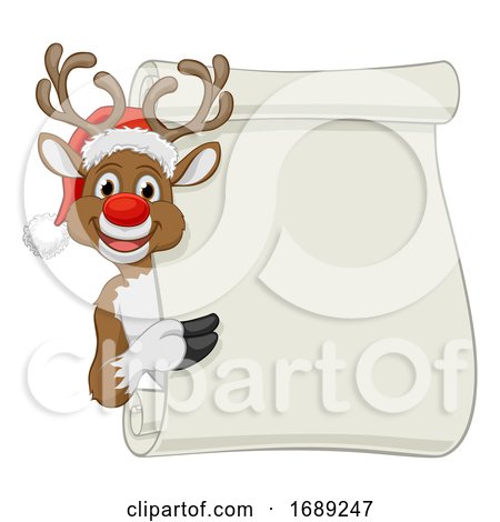 Santa Hat Reindeer Christmas Scroll Sign Cartoon by AtStockIllustration