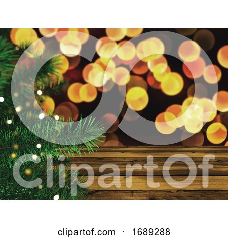 3D Christmas Tree Against a Wooden Table and Bokeh Lights Background by KJ Pargeter
