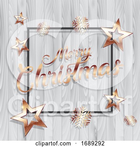 Christmas Background with Gold Stars and Frame on Wooden Texture by KJ Pargeter