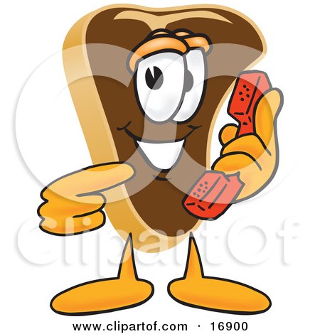 Clipart Picture of a Meat Beef Steak Mascot Cartoon Character Holding and Pointing to a Red Phone by Mascot Junction