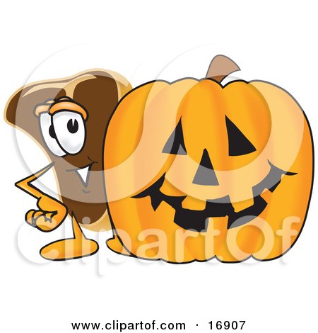 Clipart Picture of a Meat Beef Steak Mascot Cartoon Character Standing by a Halloween Pumpkin by Mascot Junction