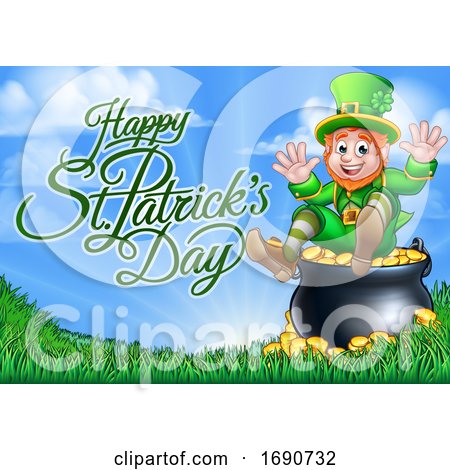 Happy St Patricks Day Greeting with a Leprechaun at the End of the Rainbow by AtStockIllustration