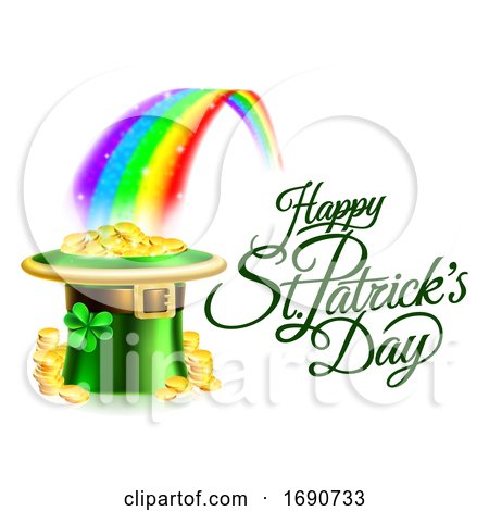 Happy St Patricks Day Greeting with a Hat of Gold at the End of the Rainbow by AtStockIllustration