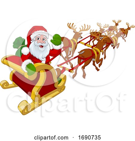 Santa Claus Flying Christmas Sleigh and Reindeer by AtStockIllustration