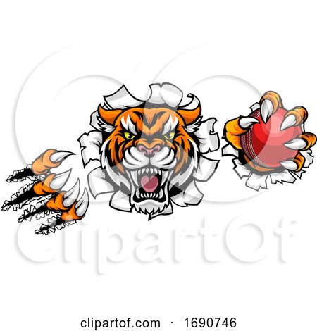 Tiger Holding Cricket Ball Breaking Background by AtStockIllustration