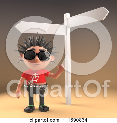 3d Punk Rock Character with Spiky Hair Standing at a Crossroads Road Sign, 3d Illustration by Steve Young