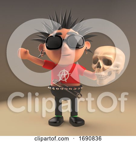 3d Punk Rocker Character with Spikey Hair Holding a Human Skull, 3d Illustration by Steve Young
