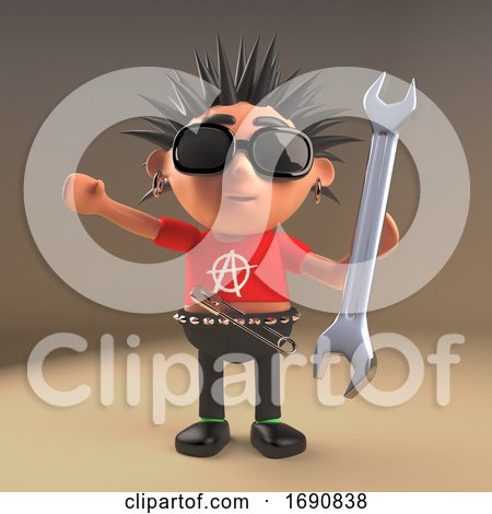3d Punk Rocker Character Holding a Spanner Tool, 3d Illustration by Steve Young