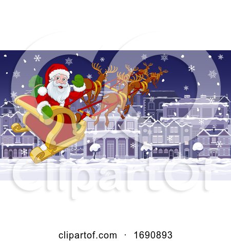 Santa Claus Sled Christmas Night Street Snow Scene by AtStockIllustration