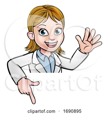 Cartoon Scientist Character Pointing at Sign by AtStockIllustration