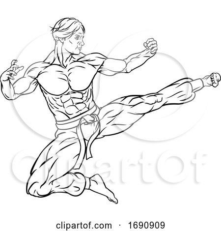 Kung Fu Karate Flying Kick Man Cartoon by AtStockIllustration