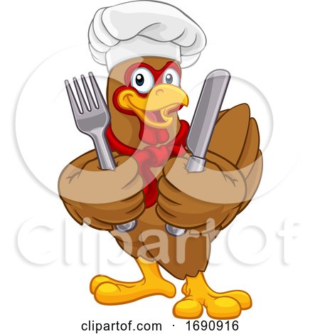 Chef Chicken Rooster Cockerel Knife Fork Cartoon by AtStockIllustration