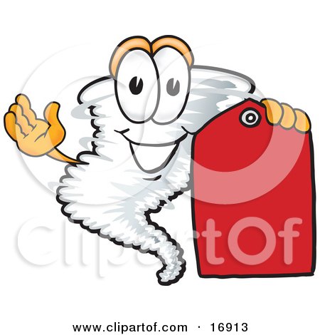Clipart Picture of a Tornado Mascot Cartoon Character Holding a Blank Red Sales Price Tag by Mascot Junction