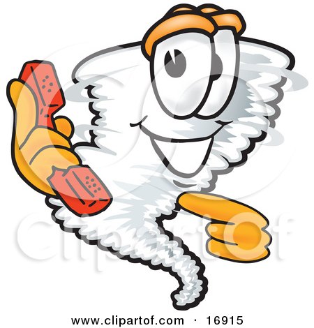 Clipart Picture of a Tornado Mascot Cartoon Character Holding and Pointing to a Red Phone by Mascot Junction