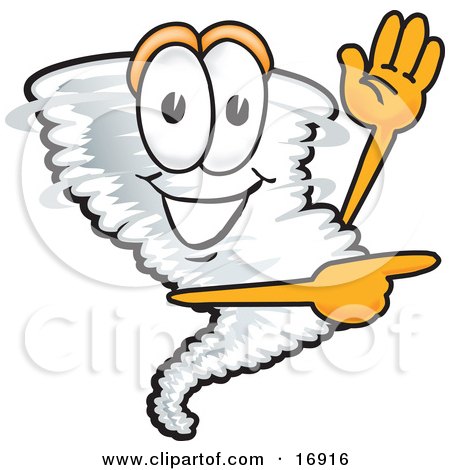 Clipart Picture of a Tornado Mascot Cartoon Character Waving and Pointing to the Right by Mascot Junction
