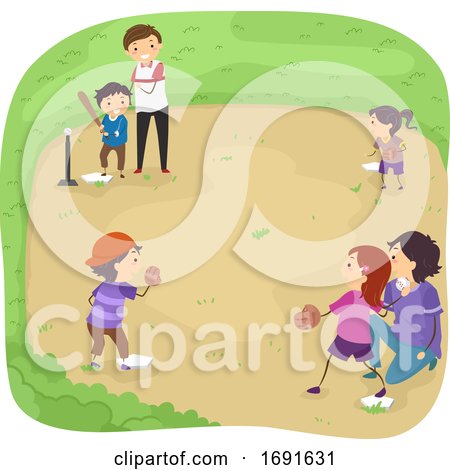 Stickman Kids Play Tee Ball Field Illustration by BNP Design Studio