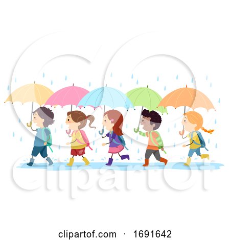 Stickman Kids Umbrella Rain Walk Illustration by BNP Design Studio
