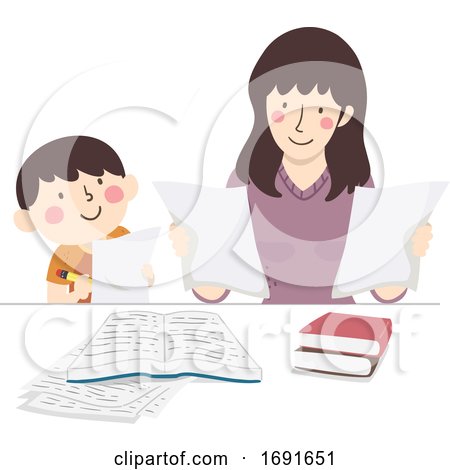 Kid Boy Mother Check Homework Illustration by BNP Design Studio