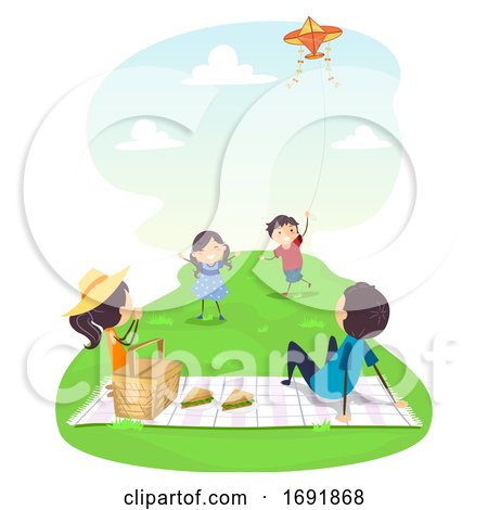 Stickman Family Picnic Flying Kite Illustration by BNP Design Studio