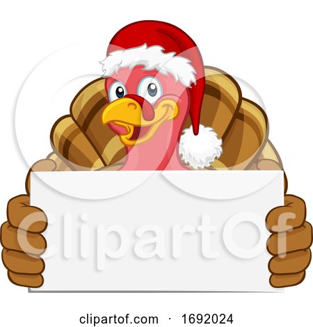 Turkey in Santa Hat Christmas Cartoon Holding Sign by AtStockIllustration