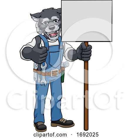 Wolf Cartoon Mascot Handyman Holding Sign by AtStockIllustration