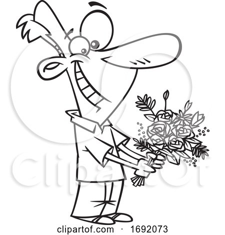 Cartoon Lineart Sweet Man Holding Flowers by toonaday