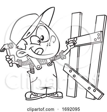 Cartoon Lineart Boy Building a Fence by toonaday