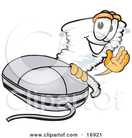 Clipart Picture of a Tornado Mascot Cartoon Character Waving and Standing by a Computer Mouse by Mascot Junction