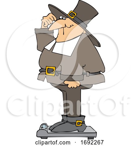 Cartoon Pilgrim Standing on a Scale Showing Holiday Weight Gain After Thanksgiving by djart