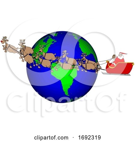 Cartoon Santa and Magic Reindeer Flying over Earth by djart