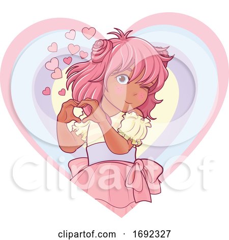 Pink Haired Anime Girl Forming a Heart with Her Hands by Pushkin