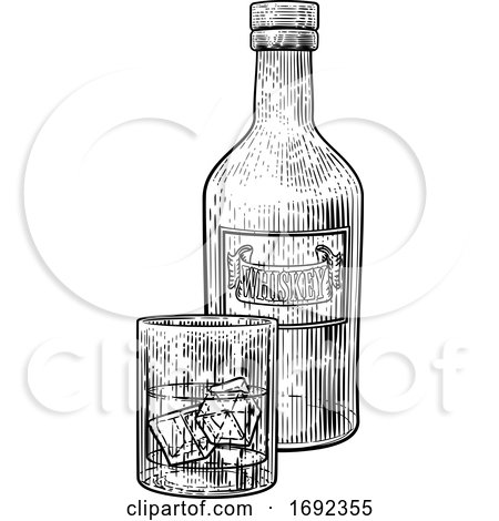Whiskey Bottle and Glass with Ice Engraving Style by AtStockIllustration