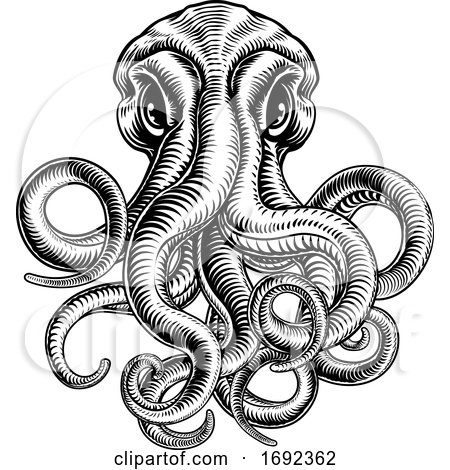 Octopus or Cthulhu Squid Monster Vintage Woodcut by AtStockIllustration