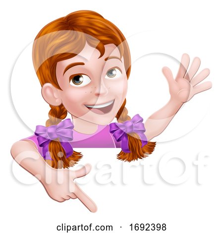 Girl Kid Cartoon Child Character Pointing at Sign by AtStockIllustration