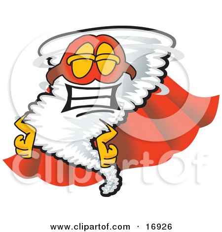 Clipart Picture of a Tornado Mascot Cartoon Character in a Cape and Super Hero Mask by Mascot Junction