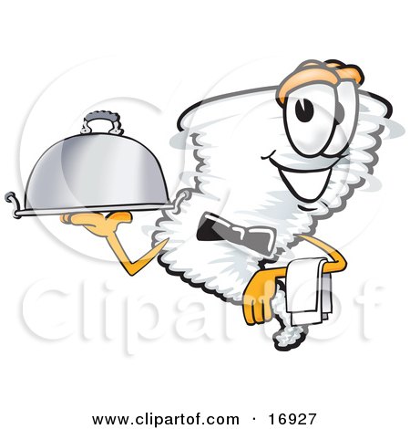 Clipart Picture of a Tornado Mascot Cartoon Character Waiting Tables and Serving a Dinner Platter by Mascot Junction
