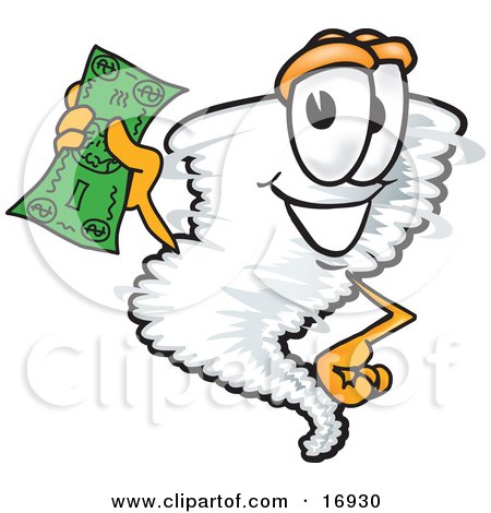 Clipart Picture of a Tornado Mascot Cartoon Character Waving a Green Dollar Bill by Mascot Junction