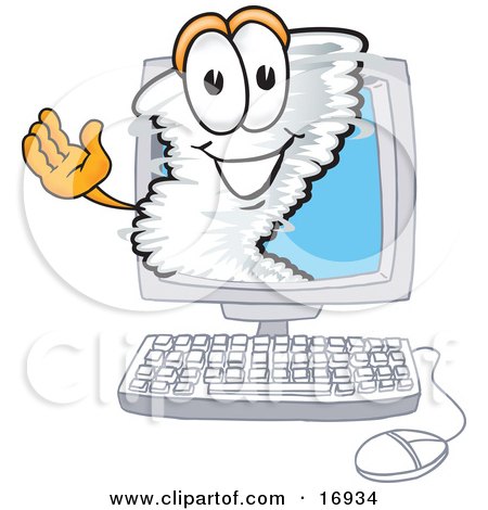 Clipart Picture of a Tornado Mascot Cartoon Character Waving From Inside a Computer Screen by Mascot Junction