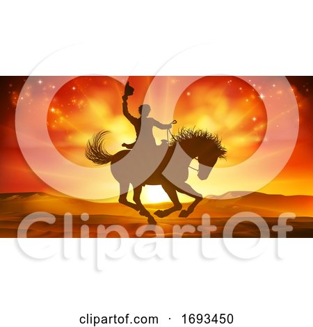 Cowboy Riding Horse Silhouette Sunset Background by AtStockIllustration
