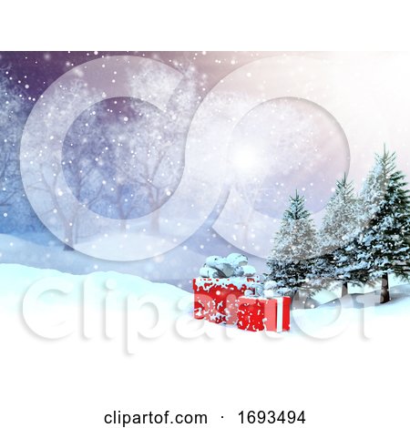 3D Winter Landscape with Presents Nestled in Snow by KJ Pargeter