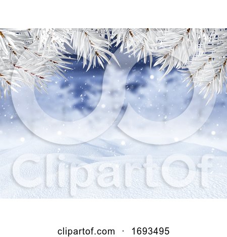 3D Winter Landscape with Christmas Tree Branches by KJ Pargeter