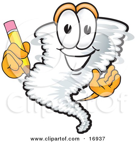 Clipart Picture of a Tornado Mascot Cartoon Character Holding a Pencil by Toons4Biz