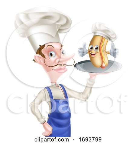 Cartoon Chef Holding Hot Dog on Tray by AtStockIllustration