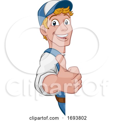 Cartoon Handyman Caretaker Construction Sign Man by AtStockIllustration