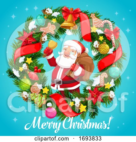Santa Claus with Christmas Bell in Wreath Frame by Vector Tradition SM
