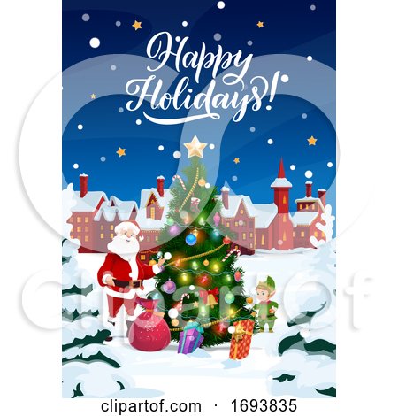 Christmas Tree in Snow, Santa with Gifts and Elf by Vector Tradition SM