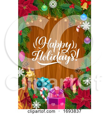 Christmas Tree Wreath and Gifts on Wood Background by Vector Tradition SM